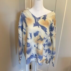 CES FEMME Womens Cream Blue Tie Dye V Neck Sweater Size S
